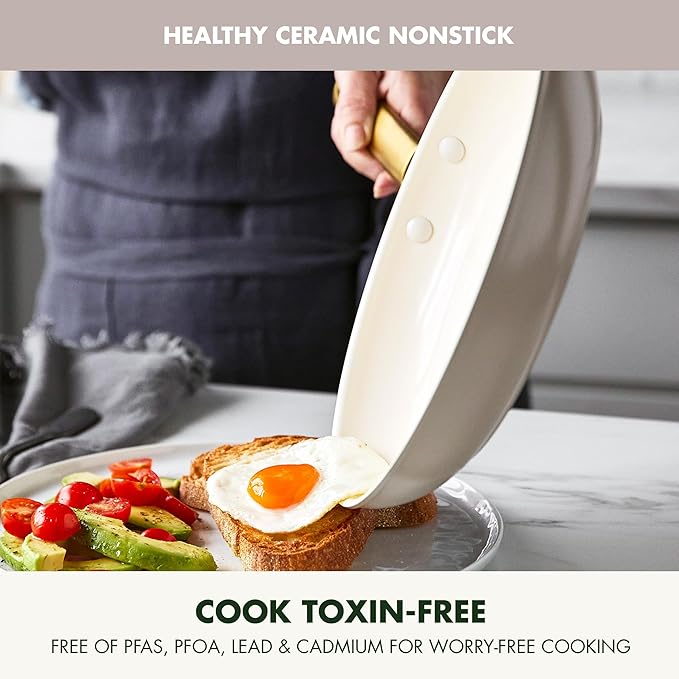 GreenPan Hard Anodized Healthy Ceramic Nonstick 8" 10" and 12" 3 Piece Frying Pan Skillet Set, Gold Handle, PFAS-Free, Dishwasher Safe, Oven Safe, Taupe