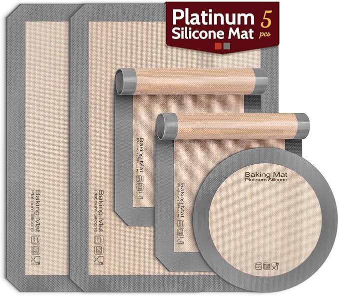 Silicone Baking Mat - Sopito Platinum Silicone - Non-Stick, Food Safe, Reusable Baking Sheet Liner, 5Pcs Set for Half Sheet Size Tray & Quarter Size Tray and 9'' Pizza pan, Grey