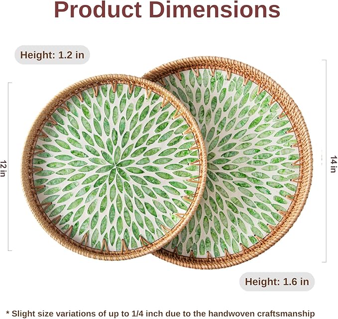Set of 2 Round Rattan Tray Home Decor, Wicker Serving Tray with Mother of Pearl Inlay, Boho Decorative Tray for Coffee Table, Display, Ottoman, Kitchen Table (Green)