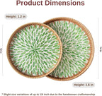 Round Rattan Tray Home Decor, 12'' Wicker Serving Tray with Mother of Pearl Inlay, Boho Decorative Tray for Coffee Table, Bathroom, Ottoman, Kitchen Table, Bathroom (Green)