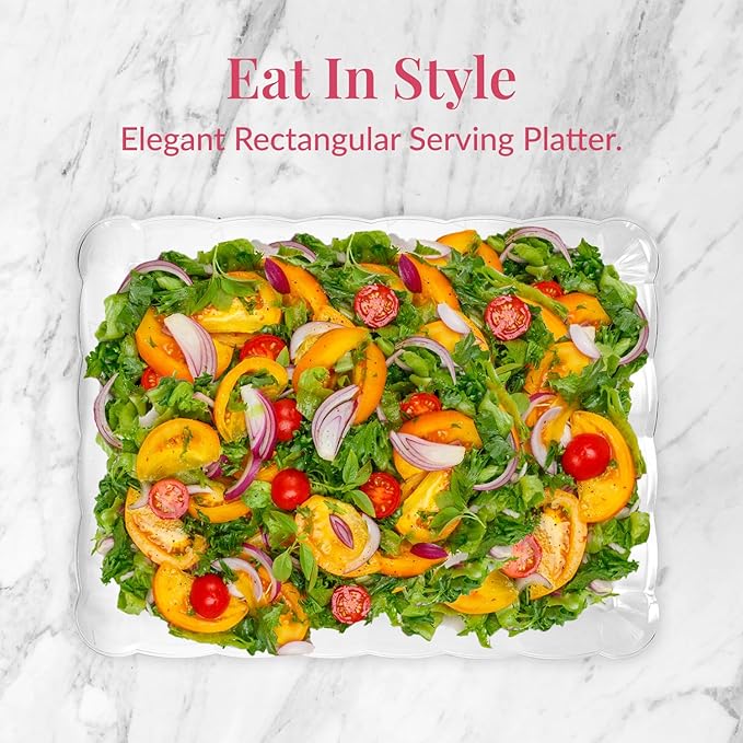 Prestee 12-Pack Serving Tray - 9x13 Inches Disposable Rectangular Plastic Food Tray for Parties and Events - Clear Platters for Dessert Table Displays, Appetizers, Snacks, and More