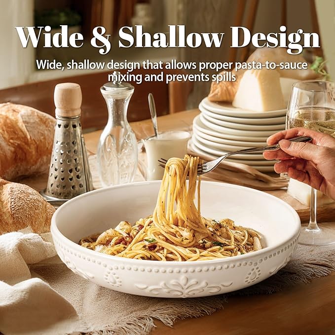 Artena Pasta Bowls, 50oz Large Salad Serving Bowls, 9.75'' Plates Bowl Set of 4, Big White Ceramic Soup Bowl for Kitchen, Embossment Shallow Dinner Bowl, Microwave Dishwasher Safe, Damask Floral