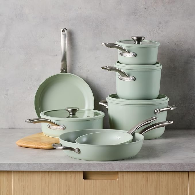 Circulon Halo with LaserDefense Ceramic Nonstick Pots and Pans with Lids, Made without PFAS, Compatible with All Stovetops, Dishwasher and Oven Safe, 11 Piece Cookware Set - Sage