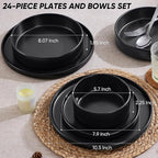 E-far Black Dinnerware Sets with Pasta Bowls, 24-Piece Stoneware Plates and Bowls Sets for 6 | Microwave & Dishwasher Safe Kitchen Modern Dish Set, Matte Black