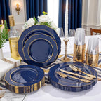 KIRE 210Pcs Navy Blue Plastic Plates - Blue and Gold Plates Disposable - 30guest Baroque Plastic Dinnerware for Upscale Wedding/Parties/Passover/Graduation