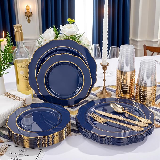 KIRE 210Pcs Navy Blue Plastic Plates - Blue and Gold Plates Disposable - 30guest Baroque Plastic Dinnerware for Upscale Wedding/Parties/Passover/Graduation