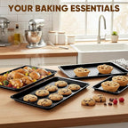 Nonstick Baking Sheet Pan Set of 3, Heavy Duty Cookie Sheets for Oven with Stripe Texture Pattern, 0.6mm Thick Quarter/Half/Jelly Roll Pans, Rust-Resistant & Easy Clean (Black)