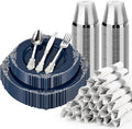 Bestluck 175PCS Navy Blue Plates for 25 Guests, Disposable Dinnerware Sets Include 50 Plastic Plates, 25 Silverwares, 25 Cups, and 25 Pre Rolled Napkins for Party, Wedding and Graduation