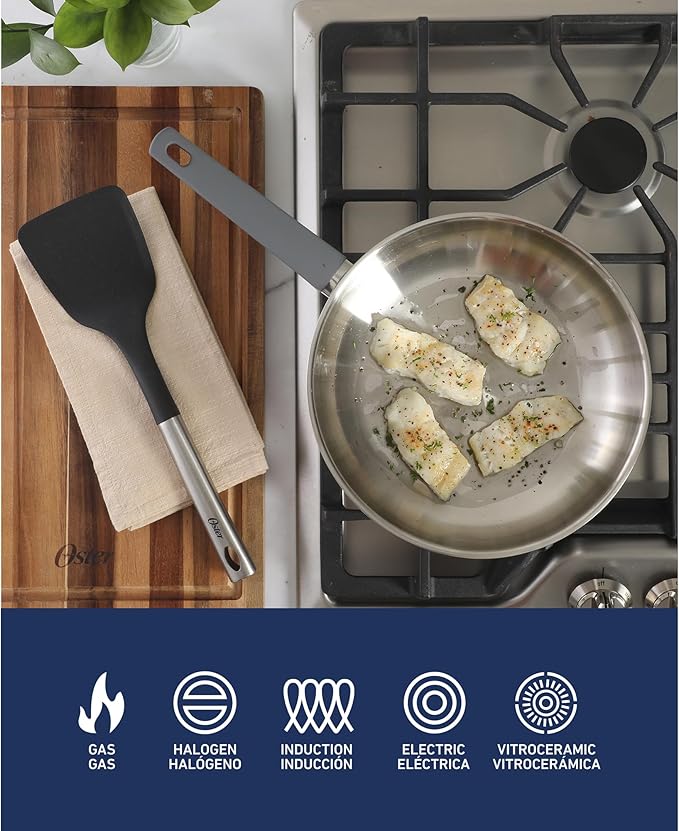 Oster Beauford 10-Inch Stainless Steel Frying Pan – Induction, Oven & Dishwasher Safe Skillet, Soft-Touch Gray Handle, 5-Ply Encapsulated Bottom