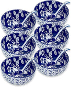 Japanese Ceramic Bowls Set of 6, 28 Oz Large Asian Porcelain Ramen Soup Salad Cereal Noodle Bowl with 6 Spoons, Deep Bowl for Kitchen Decor and Housewarming Gift, Dishwasher & Microwave Safe