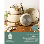 Bloomhouse - Two Time Oprah's Favorite Things Winner - 8 Piece Pots and Pans Heavy Duty Aluminum Premium PFA Free Ceramic Nonstick Cookware Set - Almond Cream w/Gold Handle