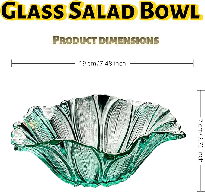 2 Piece Glass Salad Bowl Set - 7.3" Decorative Serving Bowls, 17 OZ (500ml) Multipurpose Bowls for Fruits, Veggies, Snacks, Candies, Desserts, Family Dinners & Parties (Green, medium size)