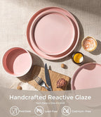 GBHOME 12-Piece Stoneware Dinnerware Set for 4 – Ribbed Ceramic Plates and Bowls, Scratch-Resistant, Microwave & Dishwasher Safe, Reactive Glaze, Blush Veil