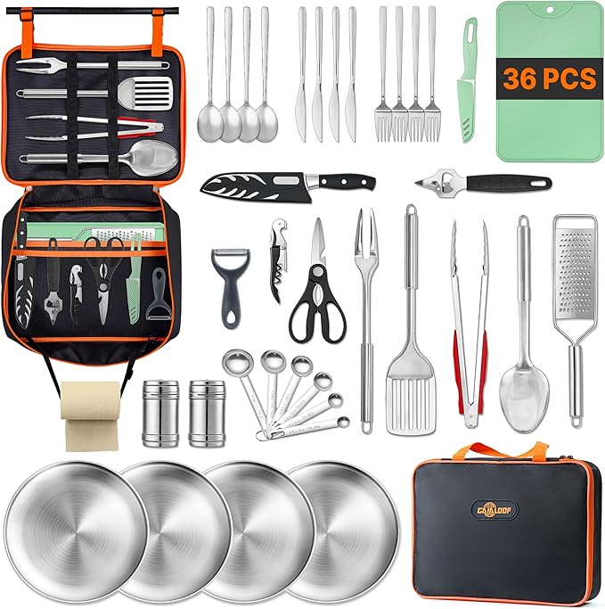 Portable Camping Cooking Utensils Set, Camp Kitchen Set with Organizer Bag, RV Essentials Outdoor Cooking Utensil Kit for Travel, Picnics, Camping, BBQs, Parties