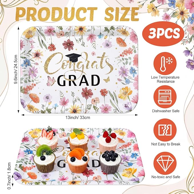 Vesici 3 Pcs Wildflower Graduation Serving Trays 13 x 10 Inch Floral Class of 2026 Congrats Grad Melamine Platters Reusable Rectangular Serving Dishes for Graduate Party Sharing Snacks Fruit Dessert