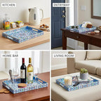 Hiceeden Set of 2 Boho Floral Serving Tray with Handles, 15.7" x 11.8" Decorative Plastic Ottoman Tray, Modern Large Coffee Table Server for Living Room, Bathroom, Kitchen, Rectangle, Blue