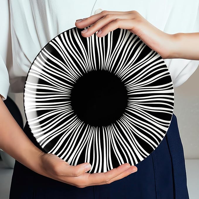 Black and White Striped Ceramic Plates Set of 6-10 Inch Zebra Pattern Dinner Plates Set, Minimalist Porcelain Dish Set, Microwave, Oven & Dishwasher Safe