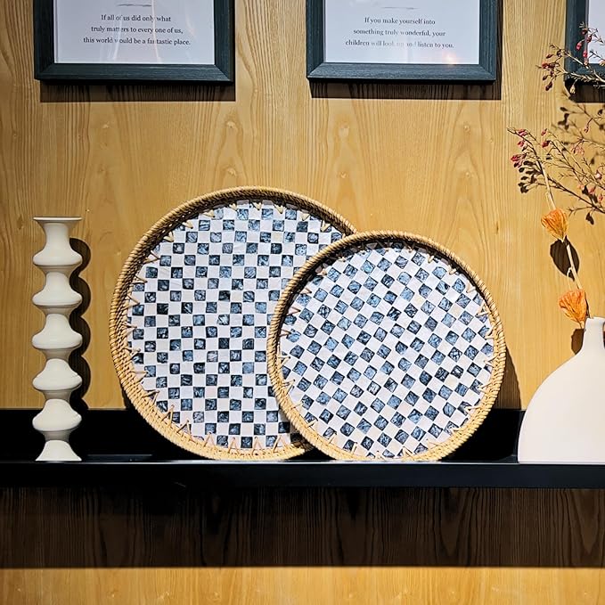 14-inch Rattan Checkered Tray with Mother of Pearl, Round Coffee Table Tray Decor, Round Wicker Boho Decorative Woven Serving Tray (Checkerboard)