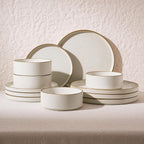 Famiware Nebula Plates and Bowls Sets, 12 Pieces Stoneware Dinnerware Sets, Reactive Glaze Dish Set, Dishes Set for 4, Matte Beige White with Brown Rim