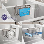 SWTYMIKI Sponge Holder for Kitchen Sink - Movable Kitchen Sink Caddy with M Shape Hook, Stainless Steel Hanging Sponge Caddy for Dish Sponge, Brush, Stopper Organizer in Double Sink, Sand Nickel