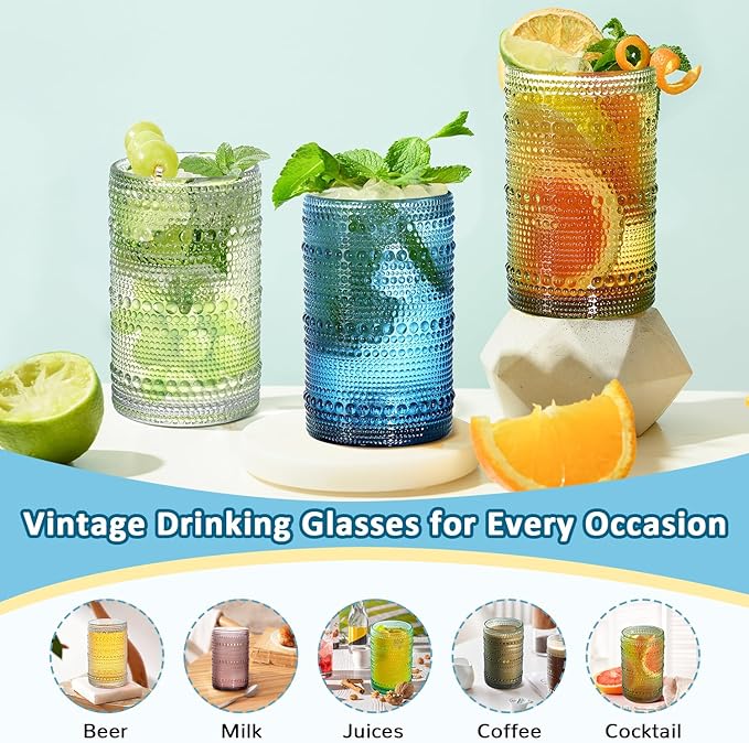 15 oz Colored Hobnail Drinking Glasses with Straws,Vintage Glassware Set of 6,Embossed Highball Cups Textured Glass Cups for Kitchen,Beer,Juice,Cocktail,Whiskey, Milk