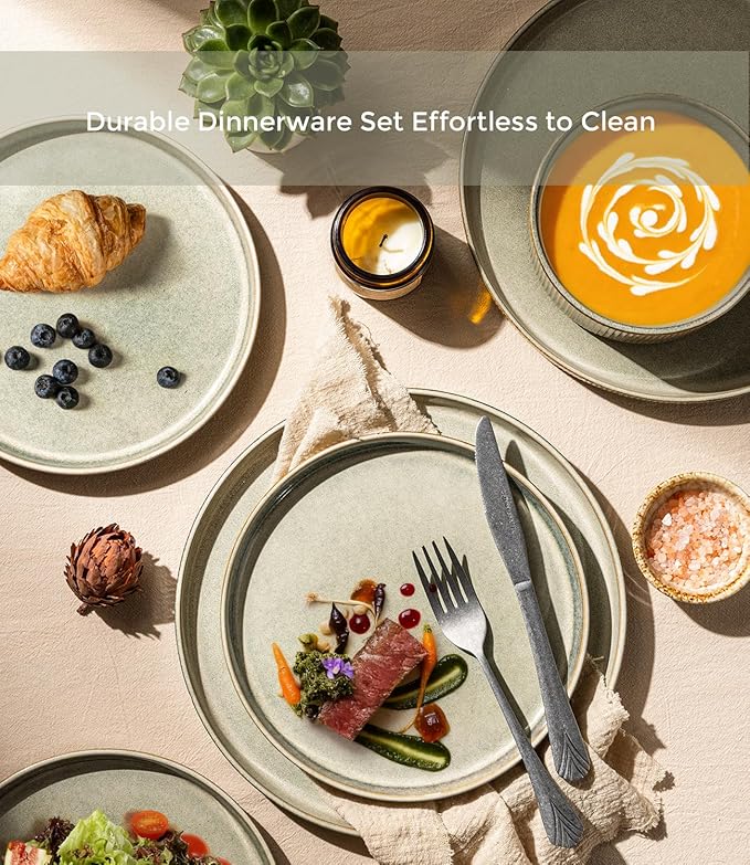 GBHOME 18-Piece Stoneware Dinnerware Set for 6 – Ribbed Ceramic Plates and Bowls, Scratch-Resistant, Microwave & Dishwasher Safe, Reactive Glaze, Desert Sage