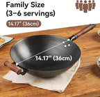 WANGYUANJI 14.17” Cast Iron Wok with Glass Lid – Traditional Round Bottom Chinese Wok for Gas Stove & Open Flame (Wok Ring Required) – Uncoated Clay-Mold “Turtle Shell” Texture – Seasoning Needed