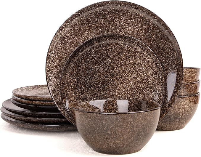 Dafuceramic Plates and Bowls Sets, 12 Pieces Dark Blue Dinnerware Sets for Kitchen, Reactive Glaze Dishes Set for 4, Dishwasher and Microwave Safe, Series Starflecked Shore(Brown)