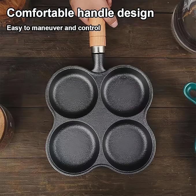 Cast Iron 4-Cup Egg Pan, Small Omelette Pan with Turner & Oil Brush, Breakfast Pan for Eggs Pancakes Sandwiches Burgers, Suitable for Gas Stove & Induction, Naturally Nonstick with Seasoning, 6.6inch
