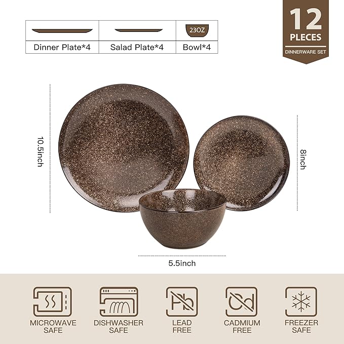 Dafuceramic Plates and Bowls Sets, 12 Pieces Dark Blue Dinnerware Sets for Kitchen, Reactive Glaze Dishes Set for 4, Dishwasher and Microwave Safe, Series Starflecked Shore(Brown)