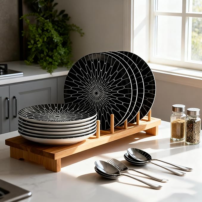 8-Inch Salad Plates Set of 6, Black White Grid Pattern Ceramic Plates, Checkerboard Design for Lunch, Pasta & Salad, Microwave & Dishwasher Safe