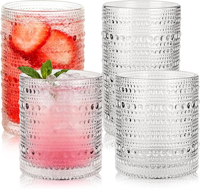 Hobnail Drinking Glasses Set of 4, 10oz Kitchen Water Glasses Cup & 12oz Vintage Cocktail Glasses Drinkware Set for Whisky, Juice, Wine, Milk