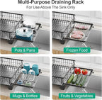 GSlife Expandable Dish Drying Rack for Kitchen Counter, Large Capacity 2-in-1 Rust Resistant Dish Drainer with Swivel Spout and Pull Out Over Sink Extension, 16.7" W x 12.6"-22.4" L, Black