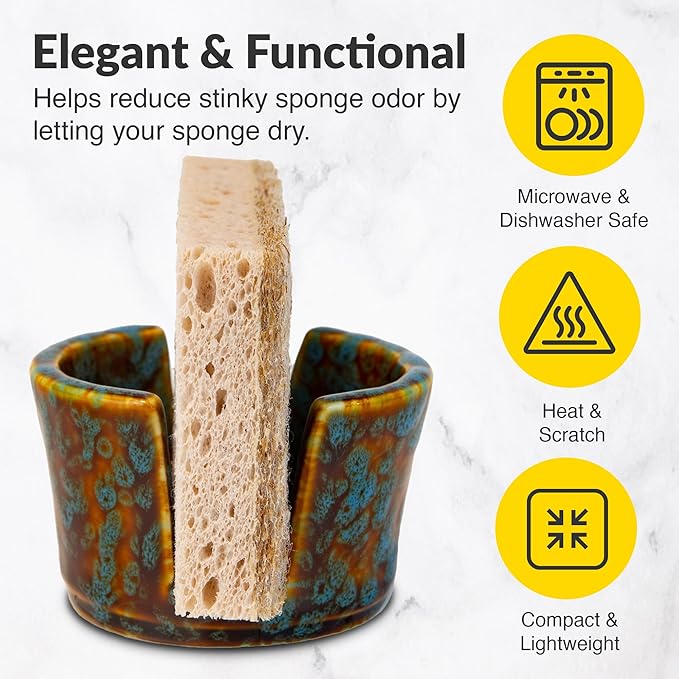 Elevated Lifestyle Ceramic Sponge Holder – Sink Caddy Organizer, Decorative Bathroom and Kitchen Sink Accessories, Allows Sponge to Dry, Ideal Countertop Sponge & Bar Soap Holder - (Marbled Turquoise)