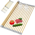 Golden Expandable Roll-UP Dish Drying Rack-Large 304 Stainless Steel Dish Drainer Over The Sink for Kitchen Countertop,Extendable & Rollable & Food Grade (Gold,22.08'x 13.2')