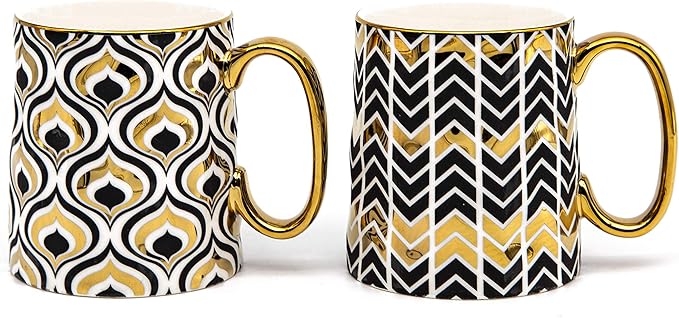 KooK Gold Coffee Mugs, Coffee Mug Set, Tea Cups with Handles, Porcelain, Geometric Design, 14.8 oz, Black and Gold, Set of 2