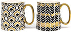 KooK Gold Coffee Mugs, Coffee Mug Set, Tea Cups with Handles, Porcelain, Geometric Design, 14.8 oz, Black and Gold, Set of 2