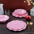 12 pcs Melamine Dinnerware Set, Elegant Scalloped Rim With Beaded Serving Plates and Bowls Sets of 4, Pearl Design Kitchen Dishes Dinner Set.Perfect for Girl's and Women's Parties,Gathering