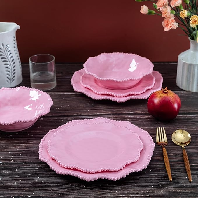 12 pcs Melamine Dinnerware Set, Elegant Scalloped Rim With Beaded Serving Plates and Bowls Sets of 4, Pearl Design Kitchen Dishes Dinner Set.Perfect for Girl's and Women's Parties,Gathering