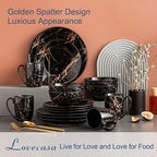 LOVECASA Black Plates and Bowls Sets for 4, Porcelain Dinnerware Sets 16 Piece Gold Splash Glaze Ceramic Dish Set, Round Dinner Set with Mugs, Dishwasher Microwave Safe