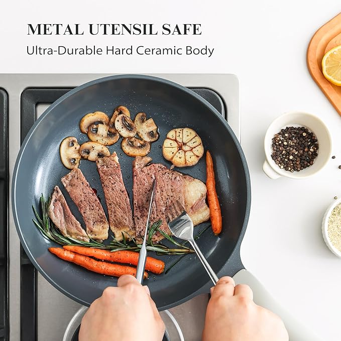 PRICUSIS Nonstick Ceramic Frying Pan, 8/10/12 Inch Non Toxic Skillet, Egg & Omelet & Chef's Pan, Induction Compatible & Oven Safe, Dishwasher Safe,PTFE PFAS & PFOA Free (6-Inch, Gray)