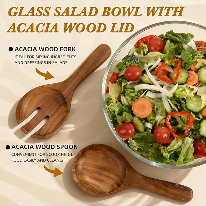 Glass Salad Bowl with Lid, 9.8" Large Glass Mixing Bowls with Acacia Wood Lids Set & Serving Utensils, 200oz Trifle and Serving Bowl for Salads, Fruit, Pasta, Dessert, Popcorn, Microwave Safe