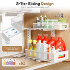 1 Pack-11.4"-16.14"H Under Sink Storage Organizer, Large 2-Tier Elegant Mesh Pull Out Shelf for Kitchen and Bathroom Cabinet Organization, L-Shaped and Adjustable Height Design for Maximum Space-White