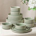 GBHOME 18-Piece Stoneware Dinnerware Set for 6 – Ribbed Ceramic Plates and Bowls, Scratch-Resistant, Microwave & Dishwasher Safe, Reactive Glaze, Light Green
