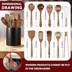 11 Pcs Wooden Kitchen Utensils Set with 360° Rotating Holder 7.3" x 5.9" Acacia Wood Cooking Utensils with Holder Cooking Spoons Spatulas for Nonstick Cookware Countertop Kitchen(Black)