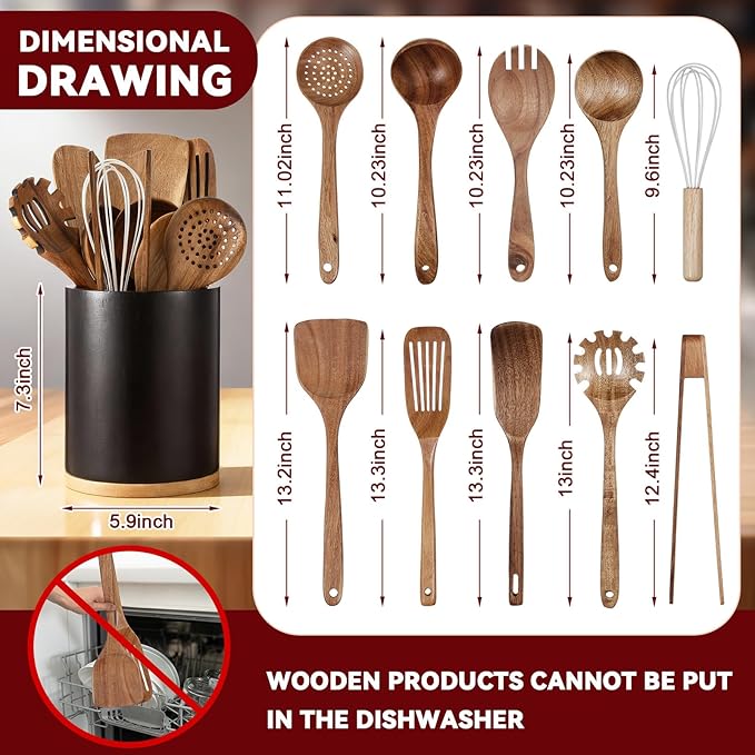 11 Pcs Wooden Kitchen Utensils Set with 360° Rotating Holder 7.3" x 5.9" Acacia Wood Cooking Utensils with Holder Cooking Spoons Spatulas for Nonstick Cookware Countertop Kitchen(Black)