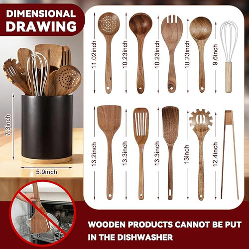 11 Pcs Wooden Kitchen Utensils Set with 360° Rotating Holder 7.3" x 5.9" Acacia Wood Cooking Utensils with Holder Cooking Spoons Spatulas for Nonstick Cookware Countertop Kitchen(Black)