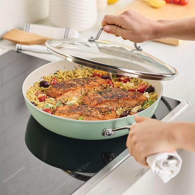 KitchenAid Hard Anodized Ceramic Induction Nonstick Cookware Frying Pan/Skillet with Lid, Dishwasher Safe, 12.25 Inch Non Stick Fry Pan with Stainless Steel Handle - Pistachio