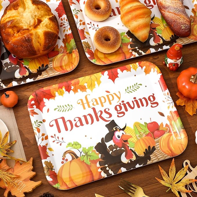 Whaline 3 Pcs Thanksgiving Day Serving Trays Turkey Pumpkin Maple Leaves Reusable Melamine Trays Platters for Fall Autumn Harvest Holiday Party Food Snack Dessert Decorations, 10 x 13 Inch