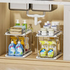 Delamu 2 Tier Bathroom Under Sink Organizers and Storage with Hook, Multi-Purpose Cabinet Drawers with Movable Dividers, Pull Out Organization for Countertop, Kitchen and Pantry(White, 2 Pack)